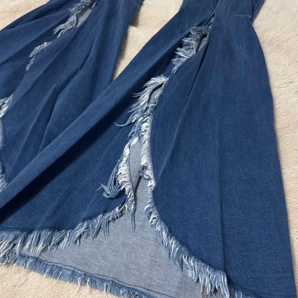 No Waistband Split Leg Flared Bellbottom Distressed Stretch Jeans - L - Picture 4 of 8